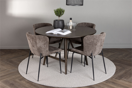 4 CHAISES EN TISSU BOUCLE ET TABLE RONDE BOIS